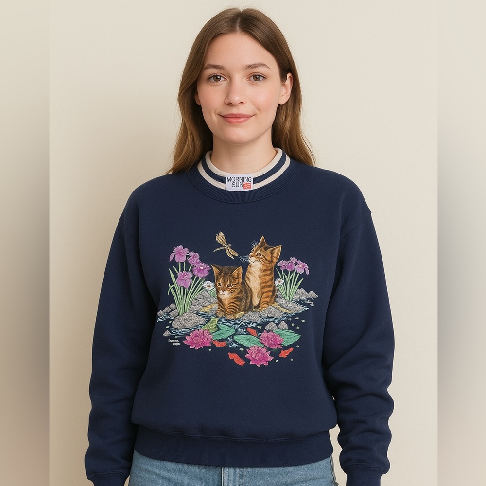 VINTAGE Morning Sun "Kitten & Lilly Pond" Graphic Sweatshirt Navy Crewneck Petit